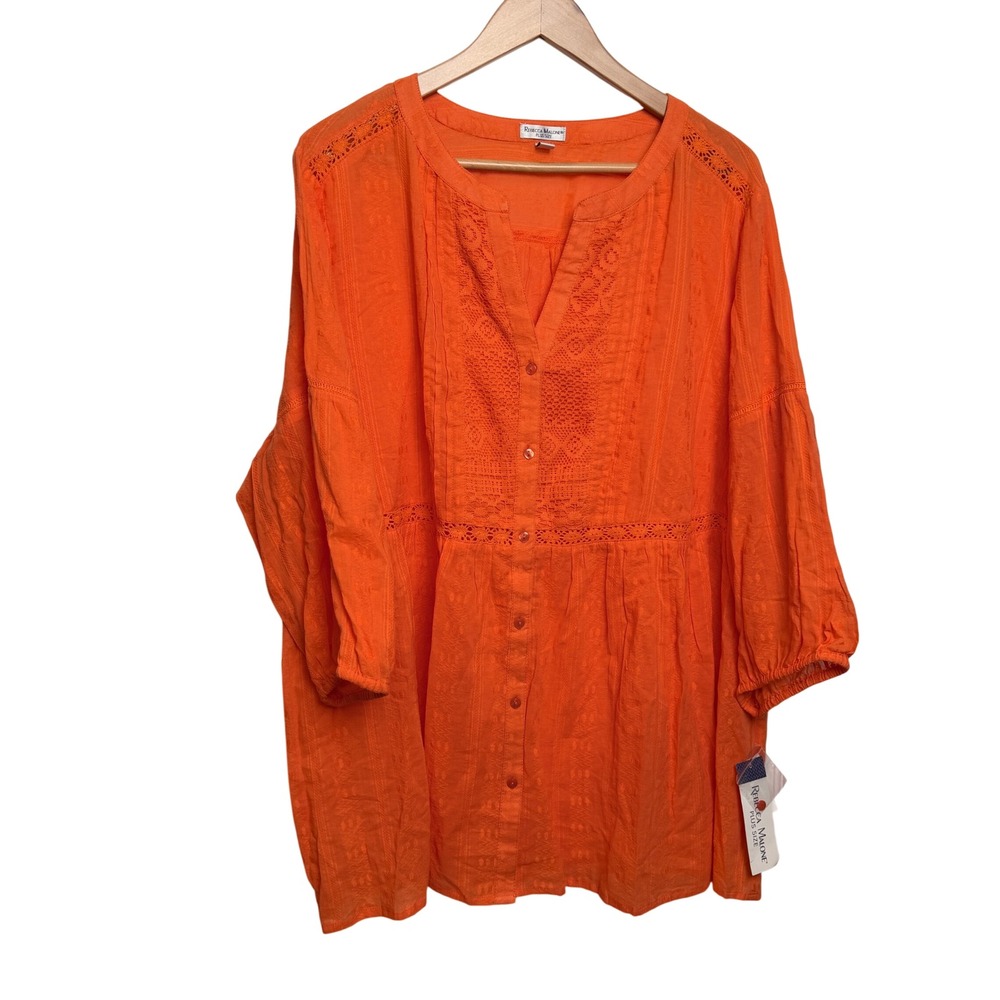 REBECCA MALONE Orange Boho Top 3X Embroidered Lightweight Tunic Peasant Coastal